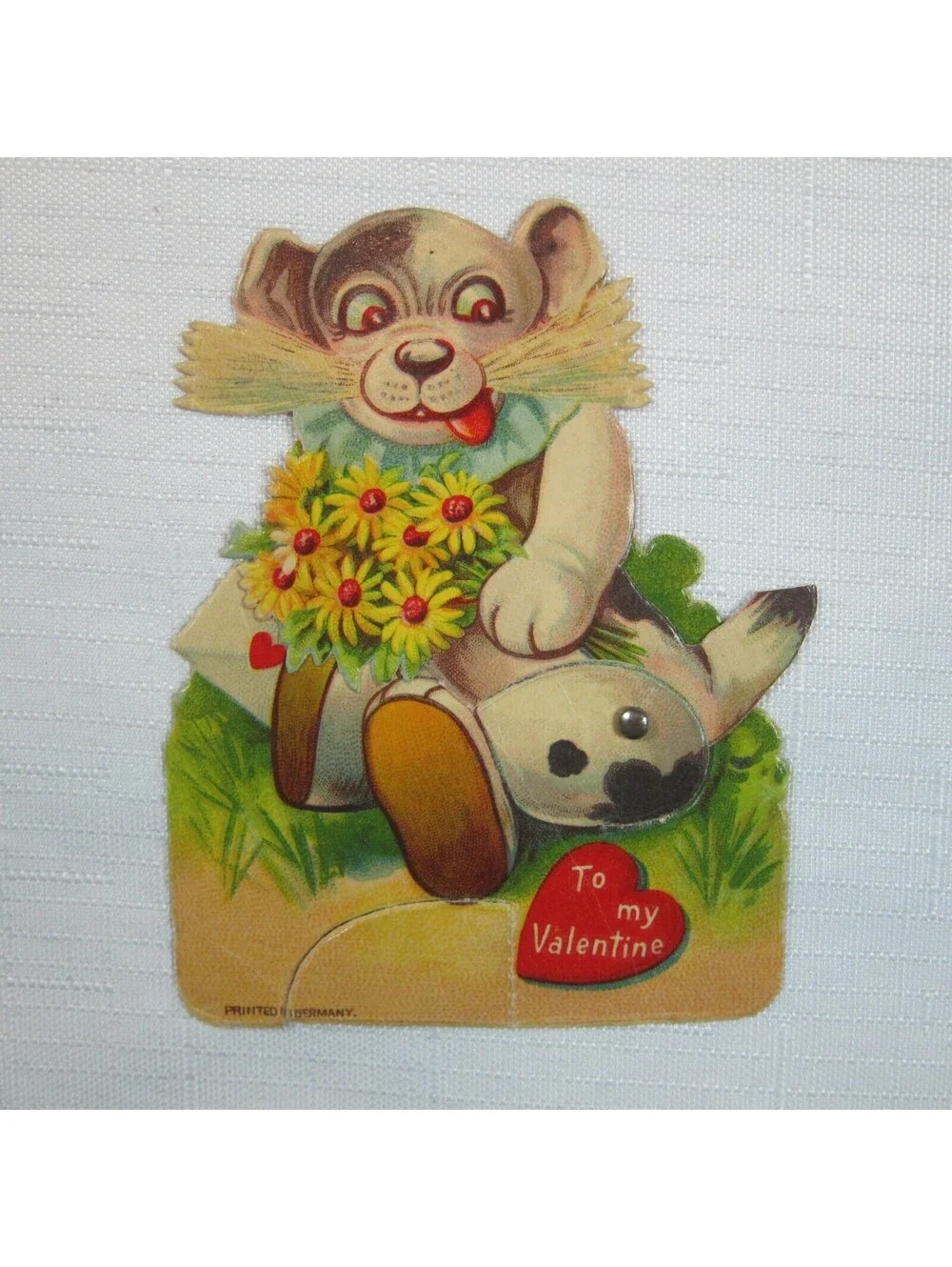 Vintage Valentine Card Mechanical Puppy Dog w/ Flowers Stand Up Germany 1920-30s